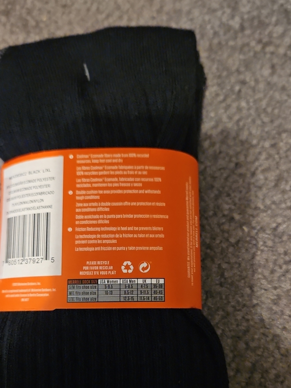 Merrell Black Rugged Steel Toe Crew Work Socks - Picture 5 of 5